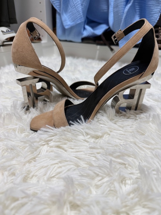 Balmain Shoes - Balmain Beige Suede Ankle-Strap Heels with Sculptural Metallic Logo Heel